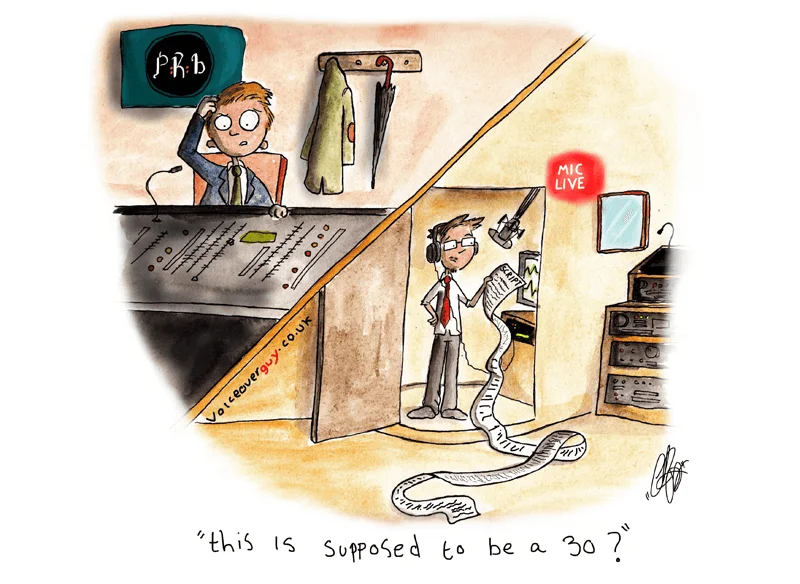 Voiceover cartoon about recording a 30-second spot by Guy Harris