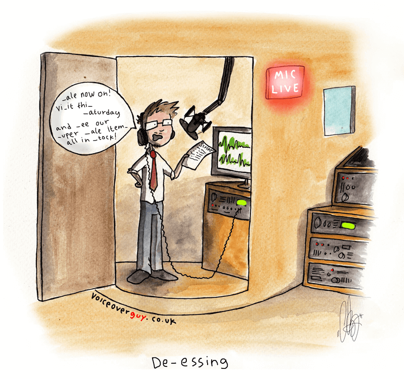 Voiceover cartoon about de-essing sibilance in voiceover by Guy Harris