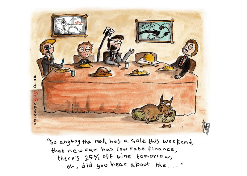 Voiceover cartoon about talking about voiceover all evening by Guy Harris