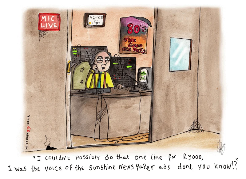 Voiceover cartoon about voiceover self-importance by Guy Harris