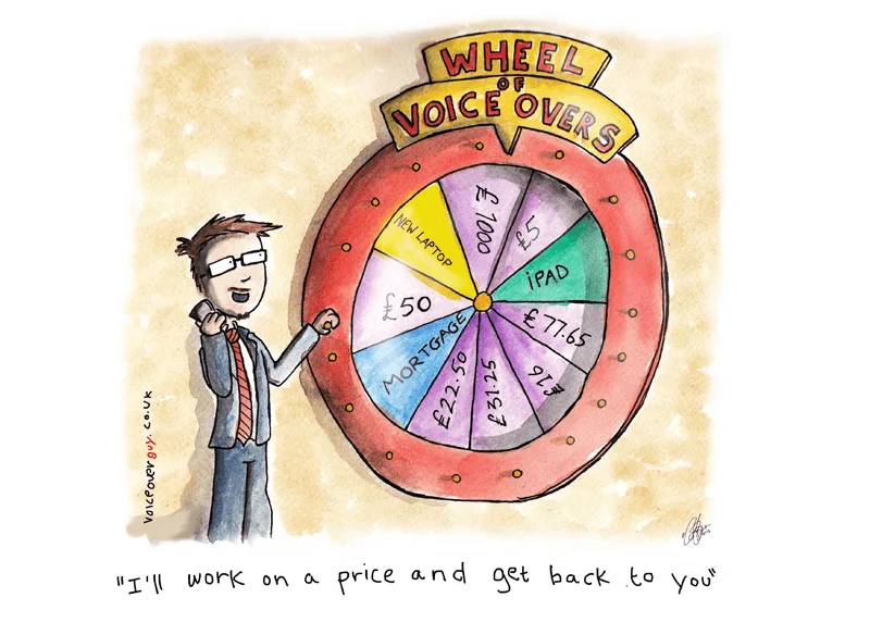 Voiceover cartoon about voiceover rates and costs by Guy Harris