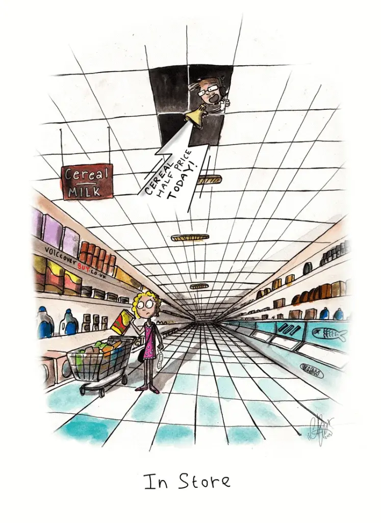 Voiceover cartoon about in-store PA voiceover announcements by Guy Harris