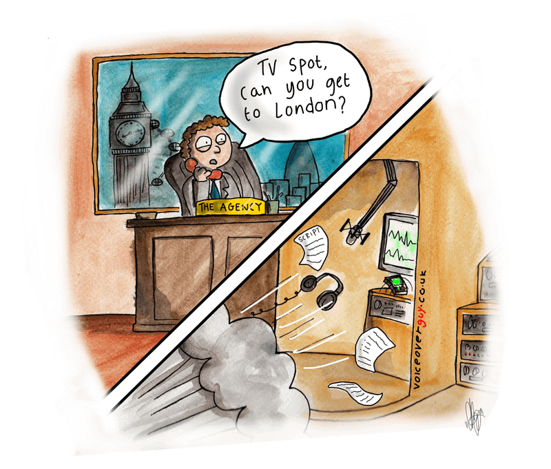 Voiceover cartoon about London voiceover studio sessions by Guy Harris