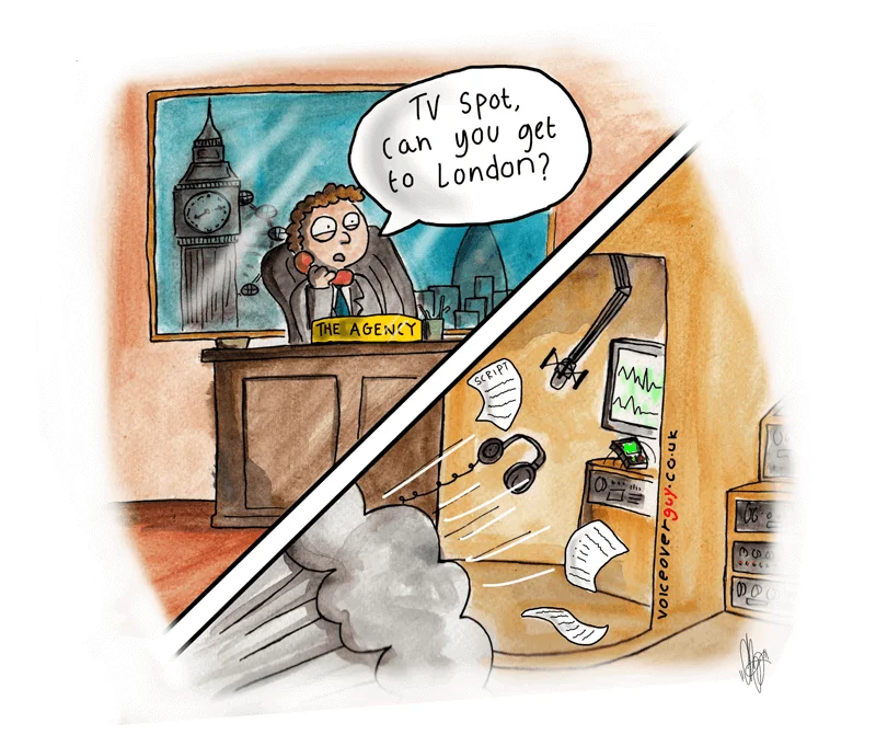 Voiceover cartoon about London voiceover studio sessions by Guy Harris