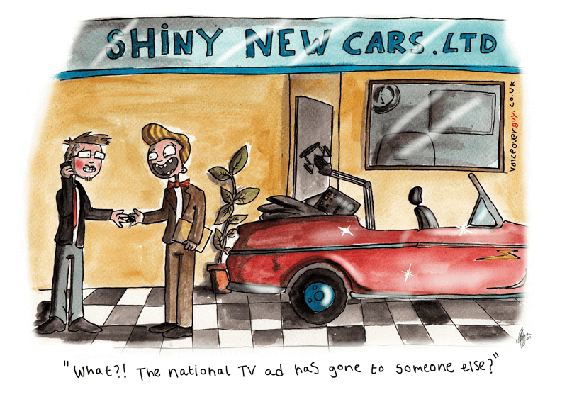 Voiceover cartoon about losing a big voiceover job by Guy Harris