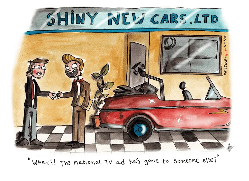 Voiceover cartoon about losing a big voiceover job by Guy Harris