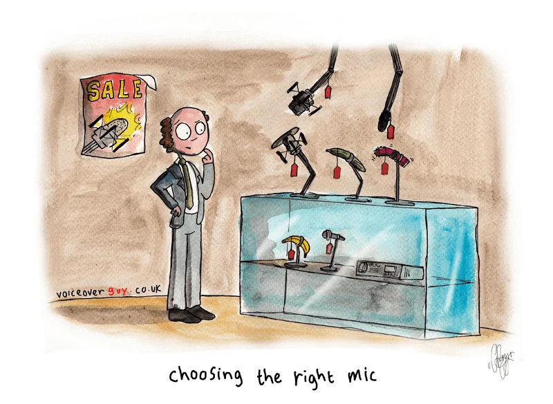 Voiceover cartoon about microphone selection for voiceover by Guy Harris