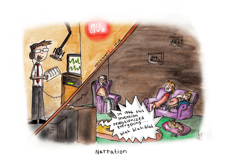 Voiceover cartoon about long-form narration voiceover by Guy Harris