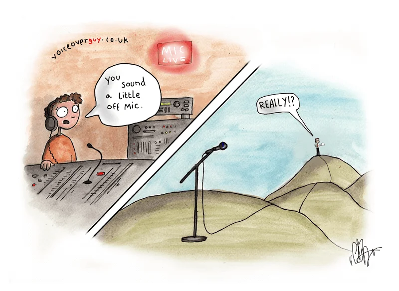 Voiceover cartoon about going off-mic in the recording studio by Guy Harris