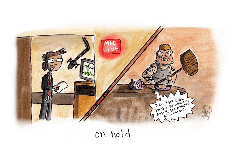 Voiceover cartoon about on-hold telephone voiceover messages by Guy Harris