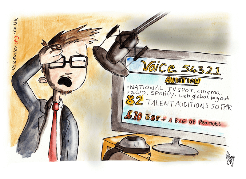Voiceover cartoon about voiceover rates and fair pay by Guy Harris