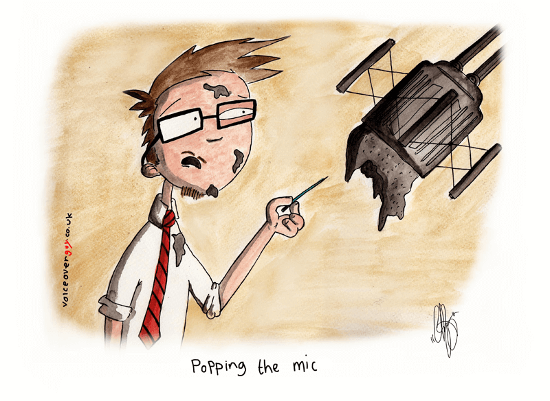 Voiceover cartoon about mic plosives in voiceover recording by Guy Harris