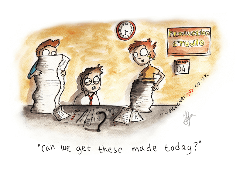 Voiceover cartoon about a same-day voiceover deadline by Guy Harris