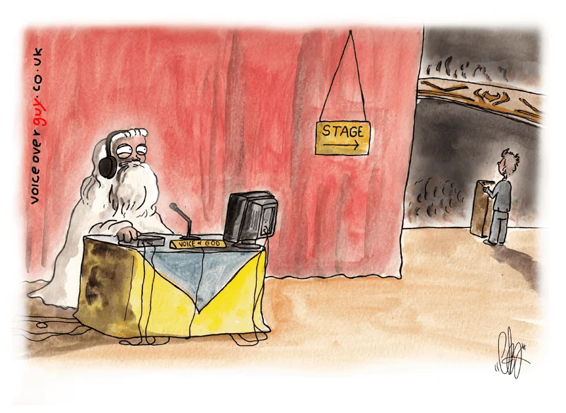Voiceover cartoon about the Voice of God stadium announcer style by Guy Harris
