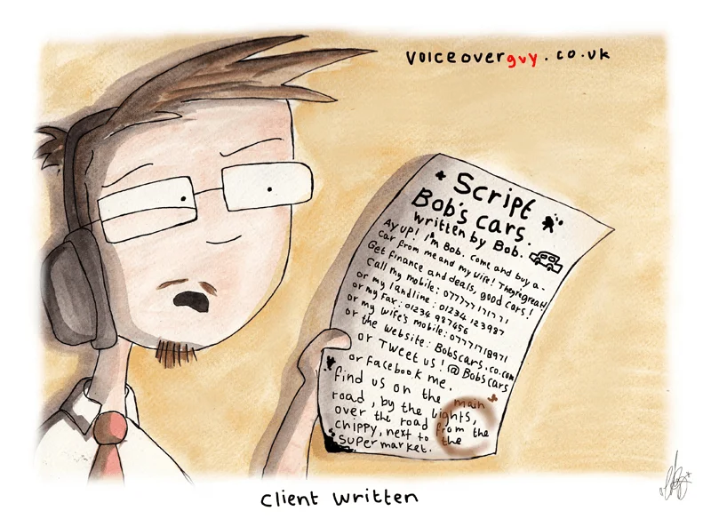 Voiceover cartoon about reading client-written copy by Guy Harris