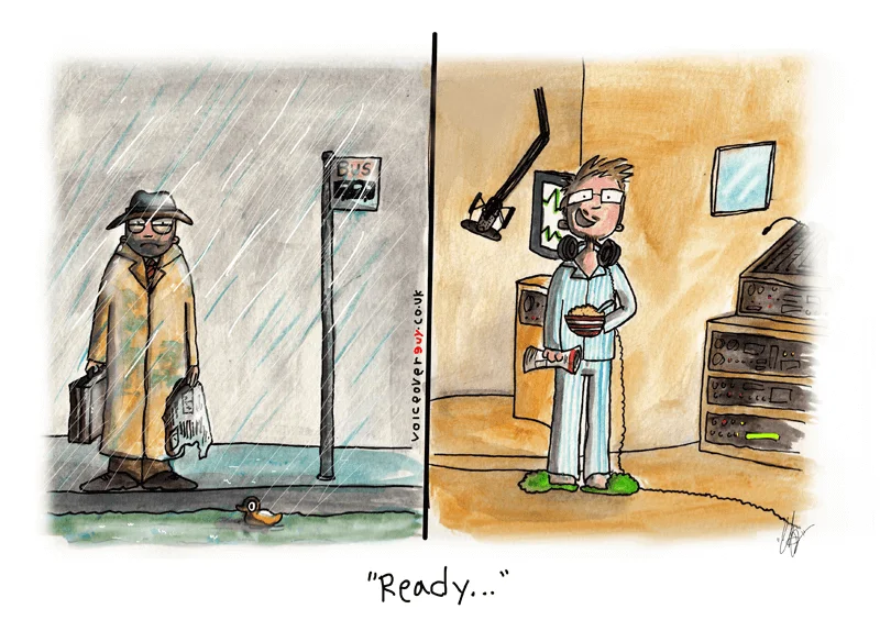 Voiceover cartoon about commuting to voiceover recording sessions by Guy Harris