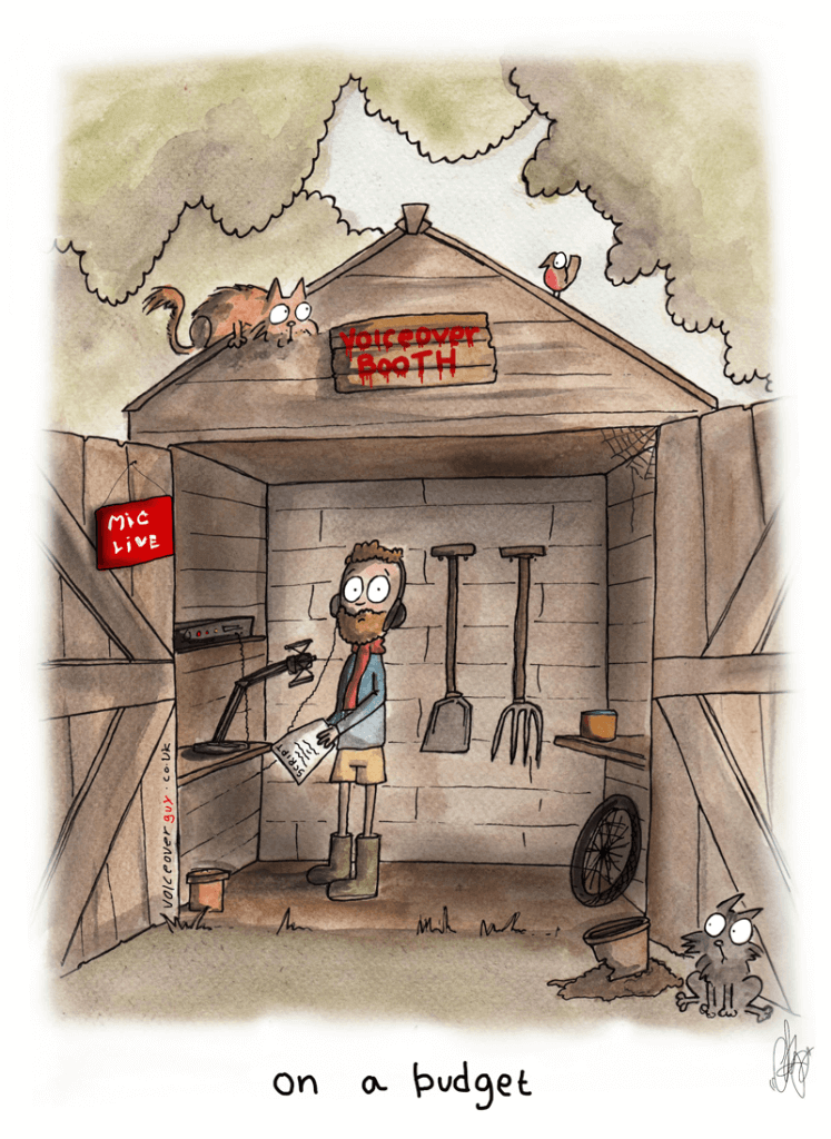Voiceover cartoon about recording a voiceover on a budget by Guy Harris