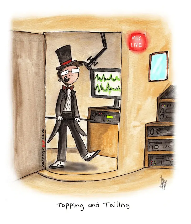 Voiceover cartoon about topping and tailing audio editing by Guy Harris