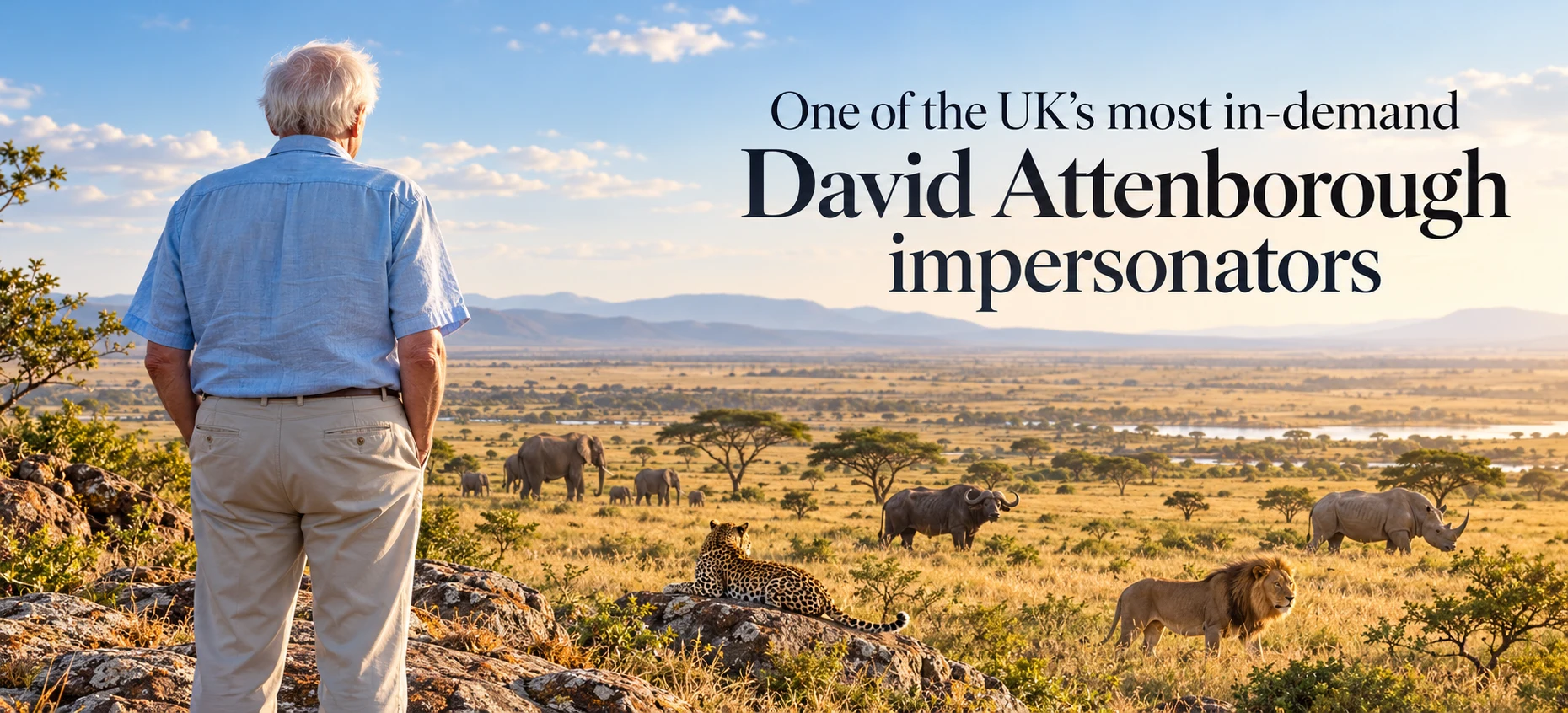 One of the UK’s most in-demand David Attenborough impersonators, with a wildlife landscape.