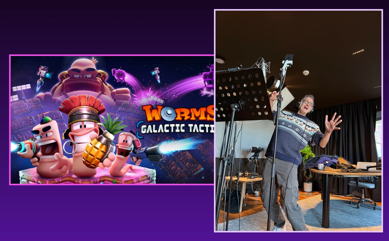 Guy Harris performing in the studio alongside WORMS: Galactic Tactics game artwork.